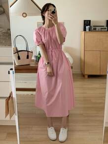 DAZY Chất rắn Eo dây rút Đầm - Hồng - Xem 9