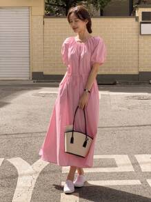 DAZY Chất rắn Eo dây rút Đầm - Hồng - Xem 10