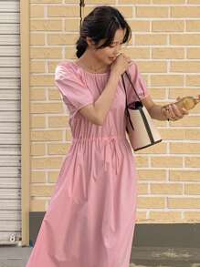 DAZY Chất rắn Eo dây rút Đầm - Hồng - Xem 11