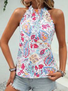 SHEIN VCAY Paisley Print Keyhole Back Blouse - Blue - View 2