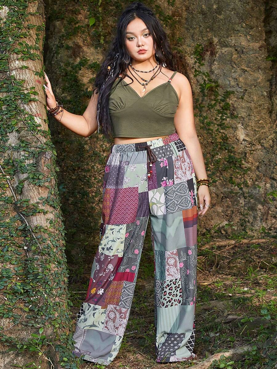 ROMWE Hippie Hơn Chất rắn Cami ngọn & In chắp vá Quần ống rộng - màu xanh lá - Xem 1