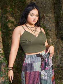 ROMWE Hippie Hơn Chất rắn Cami ngọn & In chắp vá Quần ống rộng - màu xanh lá - Xem 8