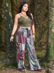 ROMWE Hippie Hơn Chất rắn Cami ngọn & In chắp vá Quần ống rộng - màu xanh lá - Xem 6