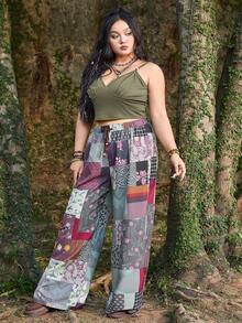 ROMWE Hippie Hơn Chất rắn Cami ngọn & In chắp vá Quần ống rộng - màu xanh lá - Xem 7