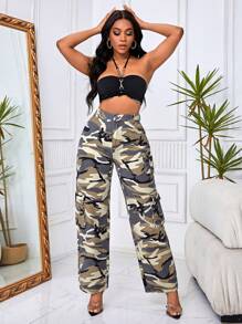 SHEIN SXY Quần jean nữ Nút Túi Dây kéo Ngụy trang - Màu Khaki - Xem 1