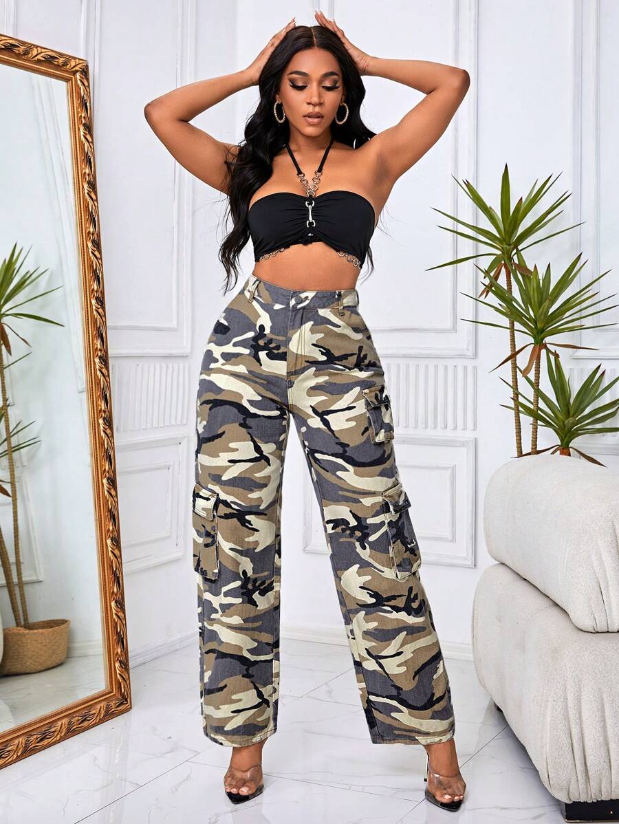 SHEIN SXY Quần jean nữ Nút Túi Dây kéo Ngụy trang - Màu Khaki - Xem 1