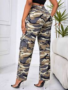 SHEIN SXY Quần jean nữ Nút Túi Dây kéo Ngụy trang - Màu Khaki - Xem 2