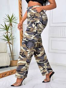 SHEIN SXY Quần jean nữ Nút Túi Dây kéo Ngụy trang - Màu Khaki - Xem 3