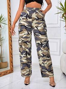 SHEIN SXY Quần jean nữ Nút Túi Dây kéo Ngụy trang - Màu Khaki - Xem 7