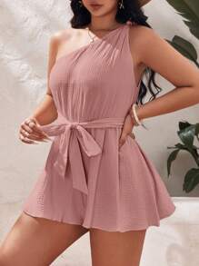 SHEIN VCAY Hơn Một bờ vai Thắt lưng Romper - Bụi hồng - Xem 5