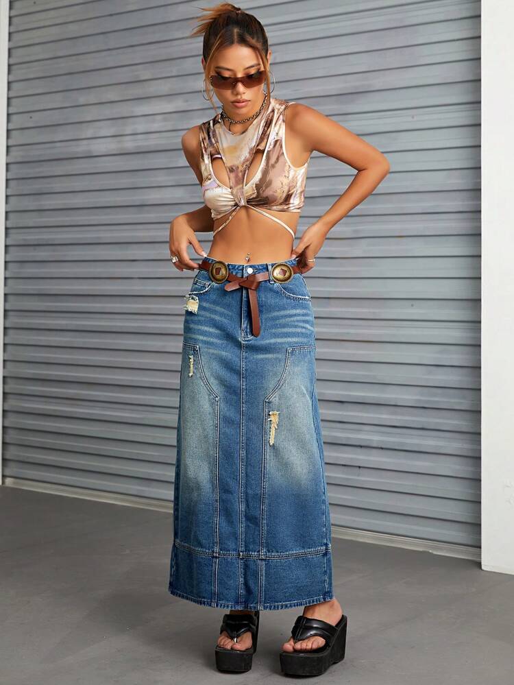 Ripped Denim Skirt Without Belt