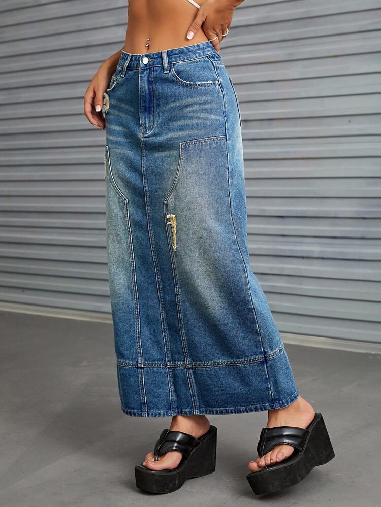 Ripped Denim Skirt Without Belt
