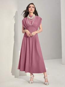 Modelyn Chất rắn Xù Xếp nếp Váy chữ A - Bụi hồng - Xem 5