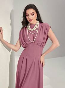 Modelyn Chất rắn Xù Xếp nếp Váy chữ A - Bụi hồng - Xem 6