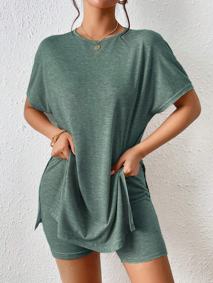 SHEIN Frenchy Batwing Sleeve Split Hem Tee & Cycling Shorts - Teal Blue - View 1