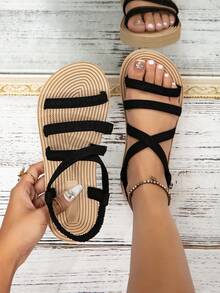 vacación Sandalias destalonadas para mujeres , con multitira Sandalias planas - Negro - Ver 2