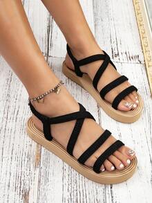 vacación Sandalias destalonadas para mujeres , con multitira Sandalias planas - Negro - Ver 4