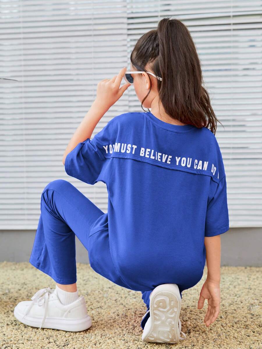 SHEIN Tween Girl Slogan Graphic Drop Shoulder Tee & Flare Leg Trousers - Blue - View 1