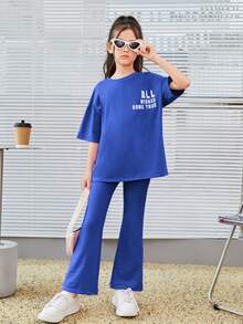 SHEIN Tween Girl Slogan Graphic Drop Shoulder Tee & Flare Leg Trousers - Blue - View 2