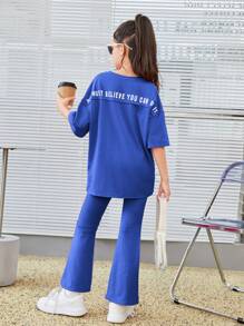SHEIN Tween Girl Slogan Graphic Drop Shoulder Tee & Flare Leg Trousers - Blue - View 5