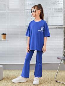 SHEIN Tween Girl Slogan Graphic Drop Shoulder Tee & Flare Leg Trousers - Blue - View 6