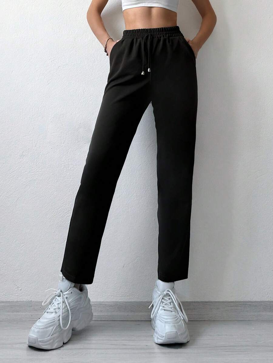 Cottnline Solid Tie Waist Straight Leg Pants - Dark Green - View 1