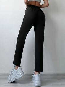 Cottnline Solid Tie Waist Straight Leg Pants - Dark Green - View 2