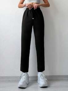 Cottnline Solid Tie Waist Straight Leg Pants - Dark Green - View 3