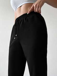 Cottnline Solid Tie Waist Straight Leg Pants - Dark Green - View 4