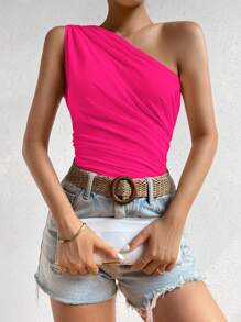 Chiquease One Shoulder Ruched Side Crop Top - Hot Pink - View 3