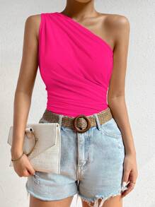 Chiquease One Shoulder Ruched Side Crop Top - Hot Pink - View 4