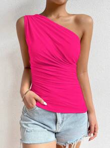 Chiquease One Shoulder Ruched Side Crop Top - Hot Pink - View 6