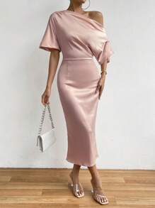 SHEIN LUNE 不對稱領蝙蝠袖連衣裙 - 淺粉色 - 查看 6