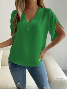 Chiquease Bảng điều khiển ren Guipure Cổ v Áo sơ mi - màu xanh lá - Xem 4