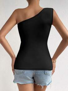 Zielony Top court à épaule unique froncée, Top décontracté pour femmes à col asymétrique froncé, Coupe ajustée, Noir uni, Printemps/Été - Noir - Voir 2