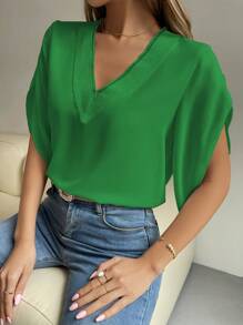 Chiquease Bảng điều khiển ren Guipure Cổ v Áo sơ mi - màu xanh lá - Xem 6