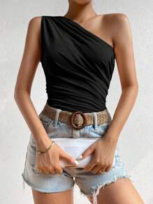 Zielony Top court à épaule unique froncée, Top décontracté pour femmes à col asymétrique froncé, Coupe ajustée, Noir uni, Printemps/Été - Noir - Voir 3
