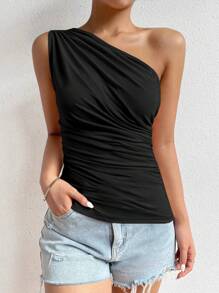 Zielony Top court à épaule unique froncée, Top décontracté pour femmes à col asymétrique froncé, Coupe ajustée, Noir uni, Printemps/Été - Noir - Voir 5