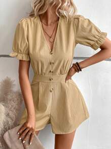 SHEIN VCAY Solid Button Front Puff Sleeve Romper - Khaki - View 1
