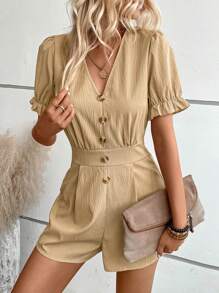SHEIN VCAY Solid Button Front Puff Sleeve Romper - Khaki - View 5