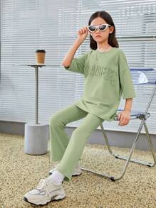 SHEIN Bộ hai mảnh Gái Đắp vá màu trơn Giải trí - Màu xanh Bạc hà - Xem 1