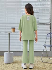 SHEIN Bộ hai mảnh Gái Đắp vá màu trơn Giải trí - Màu xanh Bạc hà - Xem 2