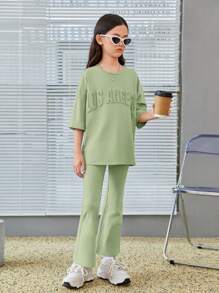 SHEIN Bộ hai mảnh Gái Đắp vá màu trơn Giải trí - Màu xanh Bạc hà - Xem 3