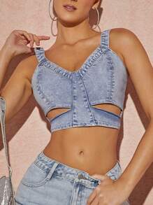 SHEIN Unity Casual Cut Out Shirred Back Denim Crop Top - Light Wash - View 1