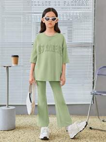 SHEIN Bộ hai mảnh Gái Đắp vá màu trơn Giải trí - Màu xanh Bạc hà - Xem 6