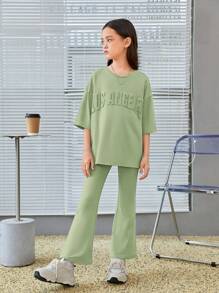 SHEIN Bộ hai mảnh Gái Đắp vá màu trơn Giải trí - Màu xanh Bạc hà - Xem 7