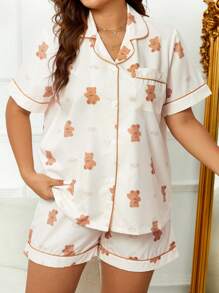 大碼小熊印花拼接滾邊睡衣套裝 - 杏色 - 查看 1