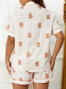 大碼小熊印花拼接滾邊睡衣套裝 - 杏色 - 查看 2