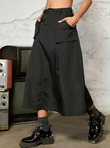 Slant Pocket Side Cargo Flare Skirt - Black - View 1