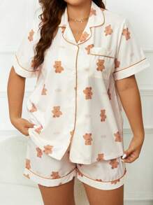 大碼小熊印花拼接滾邊睡衣套裝 - 杏色 - 查看 4